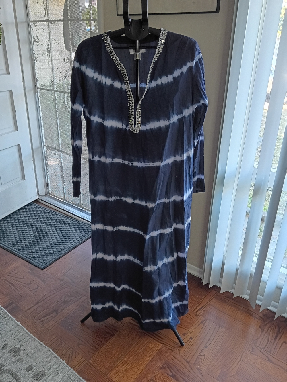 Soft Surroundings Navy Tie-Dye Cotton Maxi Dress with Beaded Neckline Flaw